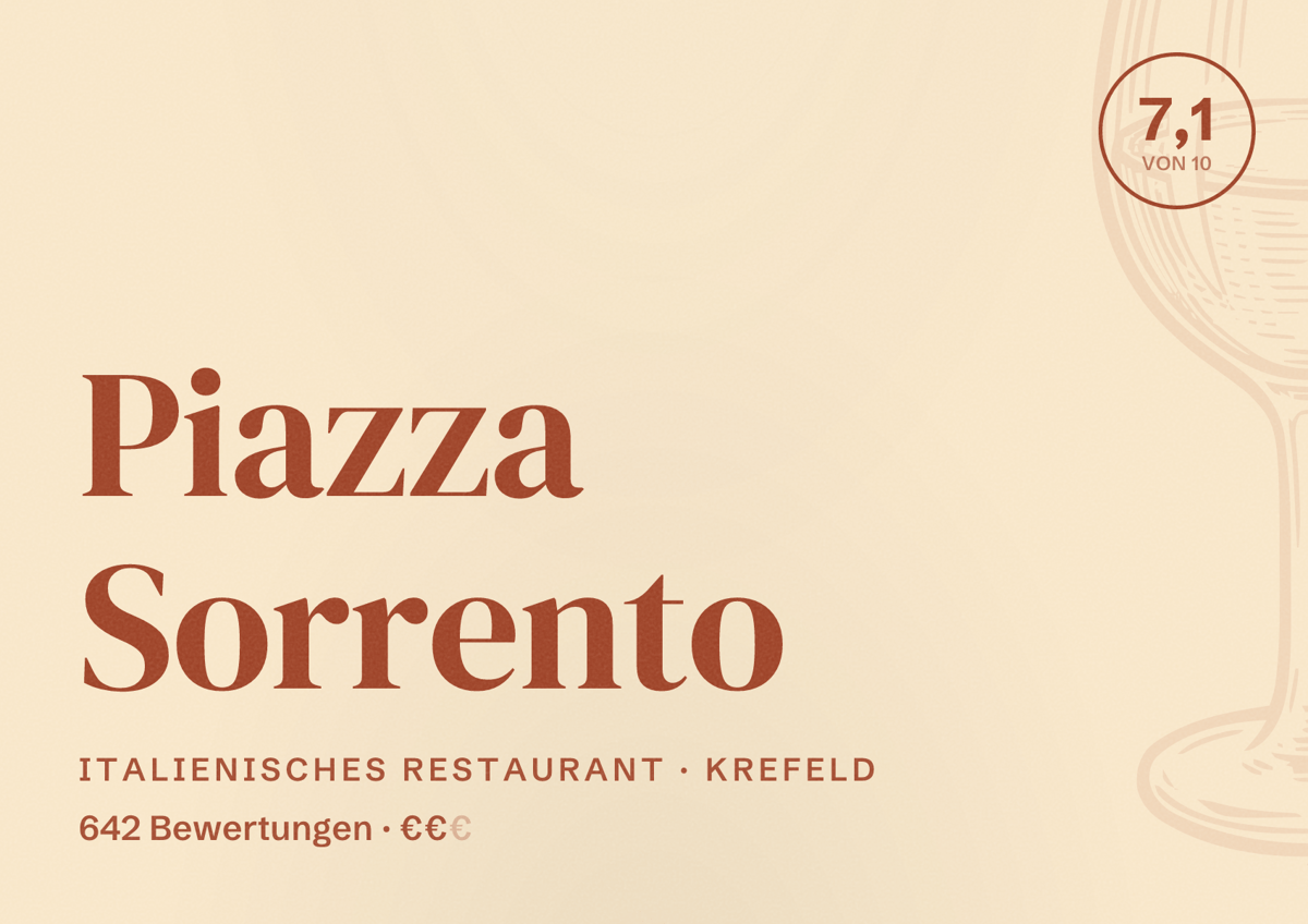 Illustriertes Poster von Piazza Sorrento, Italienisches Restaurant in Krefeld: Bewertung 7,1 von 10 aus 642 Bewertungen, Preisniveau €€