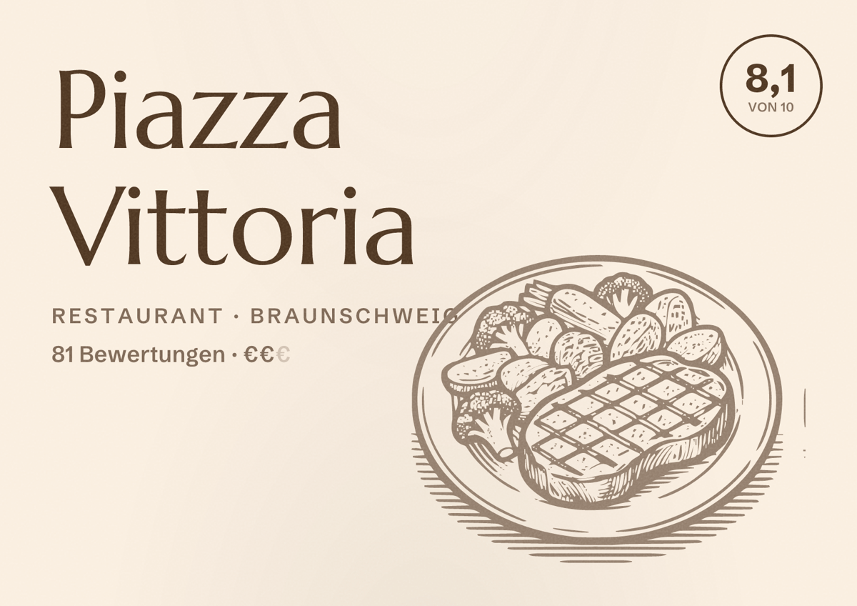 Illustriertes Poster von Piazza Vittoria, Restaurant in Braunschweig: Bewertung 8,1 von 10 aus 81 Bewertungen, Preisniveau €€