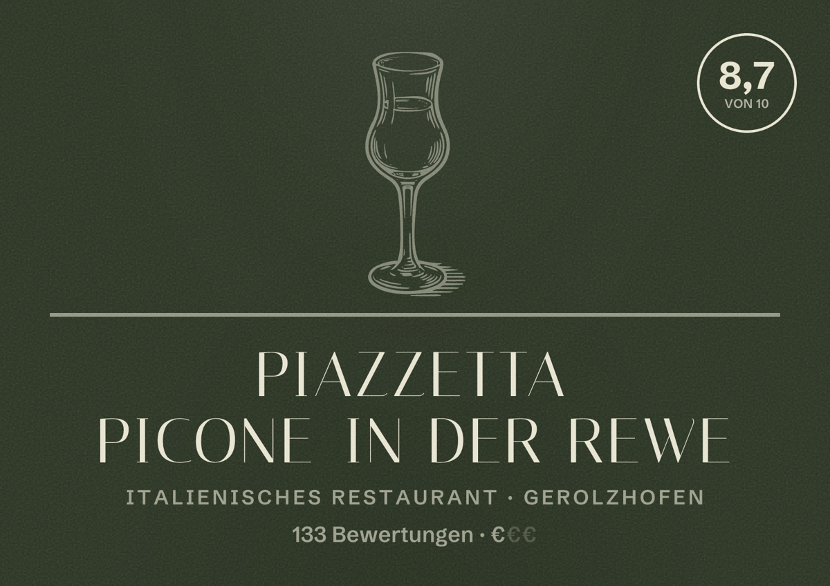 Illustriertes Poster von Piazzetta Picone in der Rewe, Italienisches Restaurant in Gerolzhofen: Bewertung 8,7 von 10 aus 133 Bewertungen, Preisniveau €