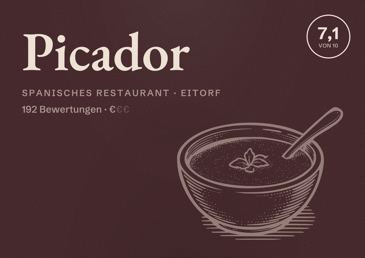 Illustriertes Poster von Picador, Spanisches Restaurant in Eitorf: Bewertung 7,1 von 10 aus 192 Bewertungen, Preisniveau €