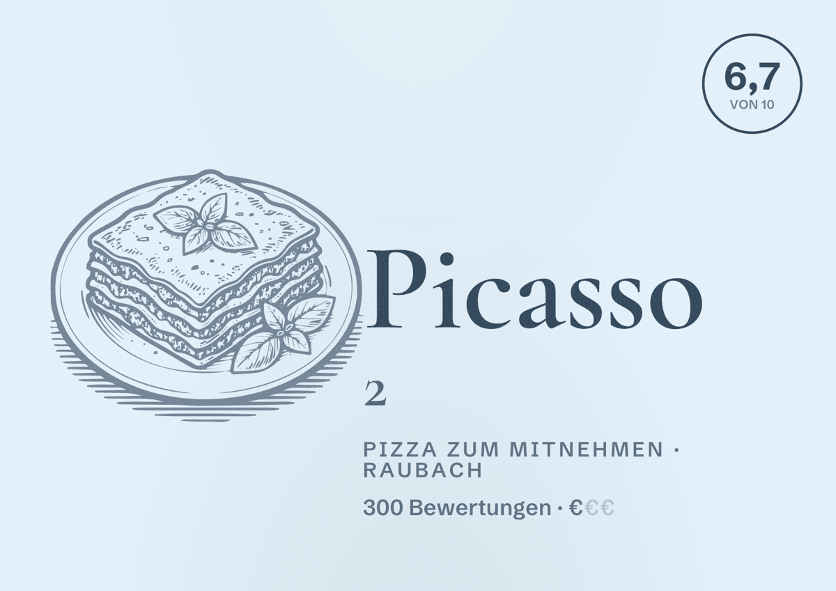 Illustriertes Poster von Picasso 2, Pizza zum Mitnehmen in Raubach: Bewertung 6,7 von 10 aus 300 Bewertungen, Preisniveau €