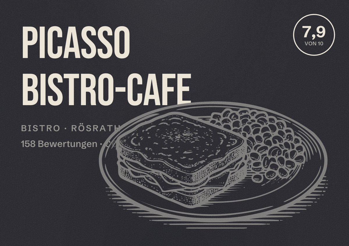 Illustriertes Poster von Picasso Bistro-Cafe, Bistro in Rösrath: Bewertung 7,9 von 10 aus 158 Bewertungen, Preisniveau €
