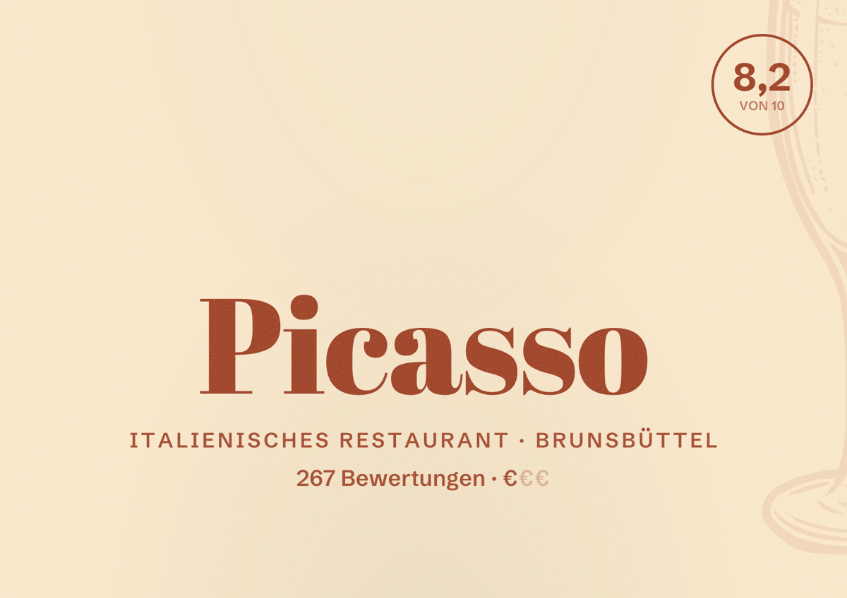 Illustriertes Poster von Picasso, Italienisches Restaurant in Brunsbüttel: Bewertung 8,2 von 10 aus 267 Bewertungen, Preisniveau €