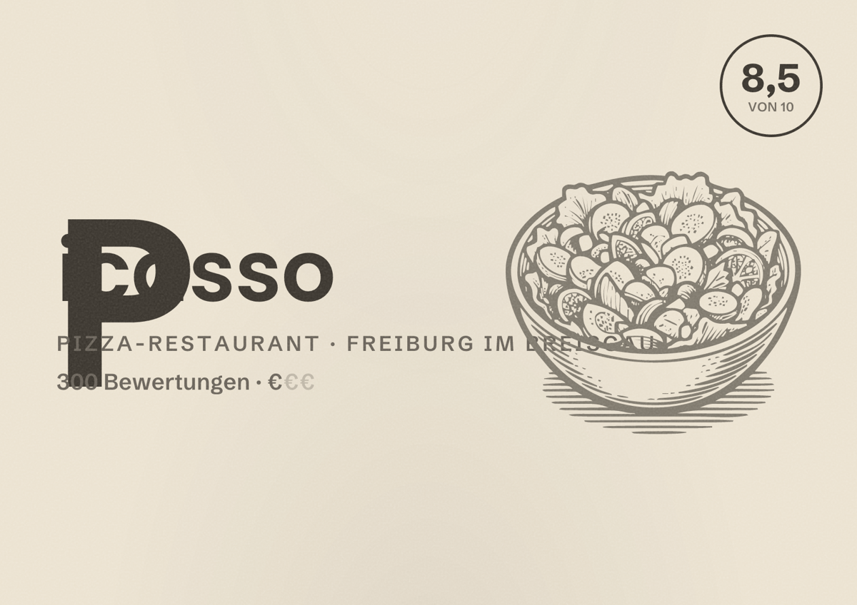 Illustriertes Poster von Picasso, Pizza-Restaurant in Freiburg im Breisgau: Bewertung 8,5 von 10 aus 300 Bewertungen, Preisniveau €