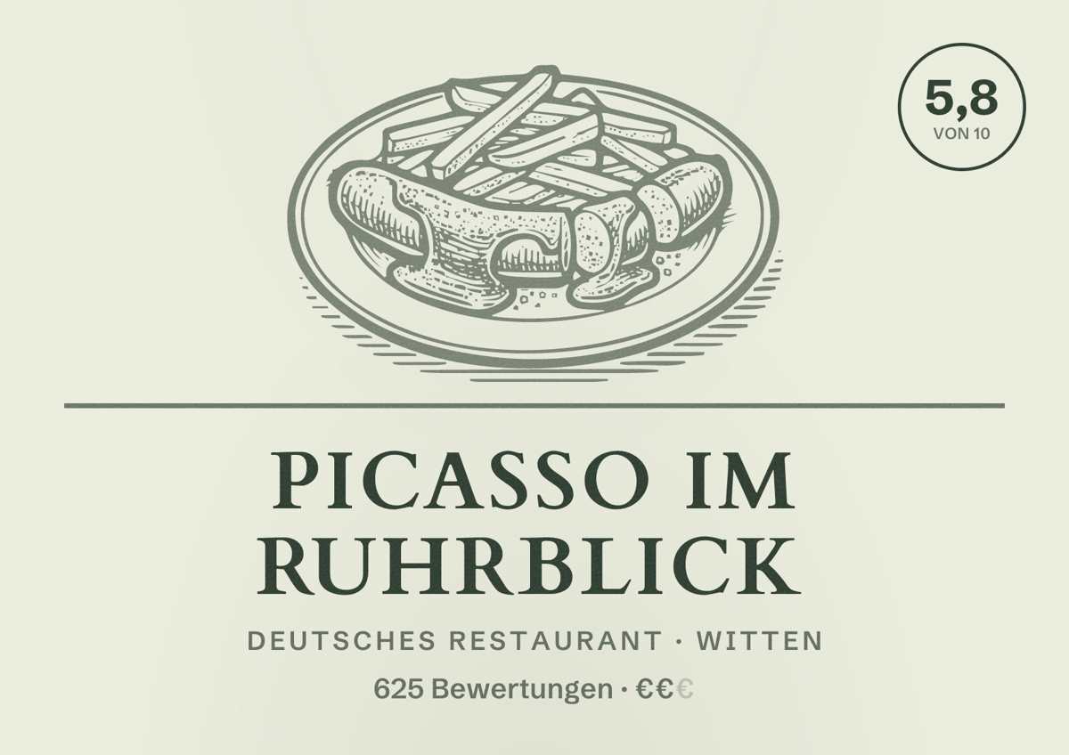 Illustriertes Poster von Picasso im Ruhrblick, Deutsches Restaurant in Witten: Bewertung 5,8 von 10 aus 625 Bewertungen, Preisniveau €€