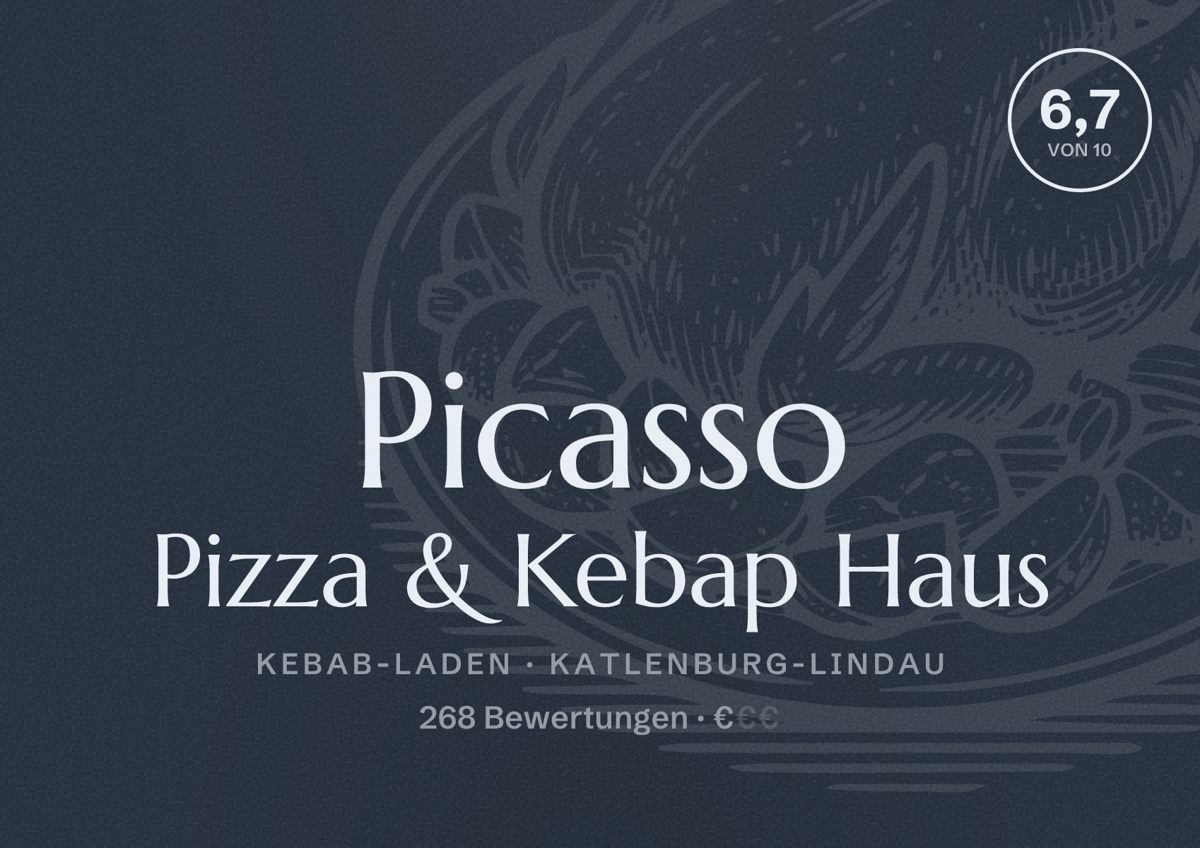 Illustriertes Poster von Picasso Pizza & Kebap Haus, Kebab-Laden in Katlenburg-Lindau: Bewertung 6,7 von 10 aus 268 Bewertungen, Preisniveau €