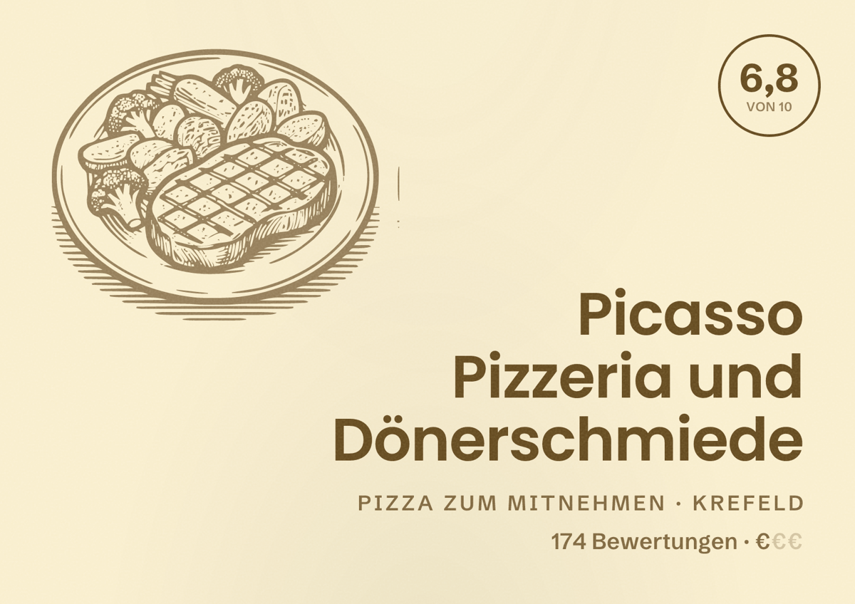 Illustriertes Poster von Picasso Pizzeria und Dönerschmiede, Pizza zum Mitnehmen in Krefeld: Bewertung 6,8 von 10 aus 174 Bewertungen, Preisniveau €