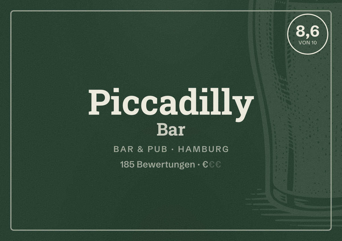 Illustriertes Poster von Piccadilly Bar, Bar & Pub in Hamburg: Bewertung 8,6 von 10 aus 185 Bewertungen, Preisniveau €