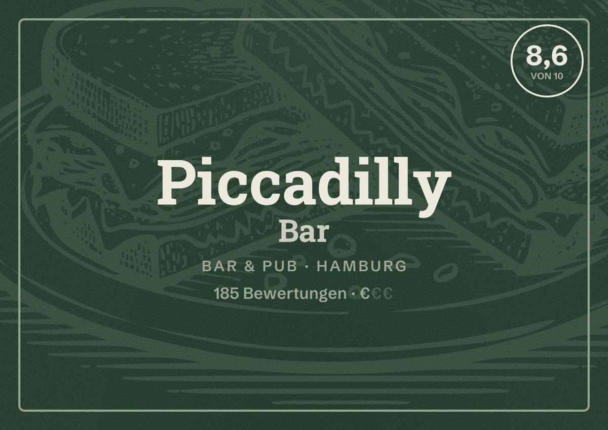 Illustriertes Poster von Piccadilly Bar, Bar & Pub in Hamburg: Bewertung 8,6 von 10 aus 185 Bewertungen, Preisniveau €