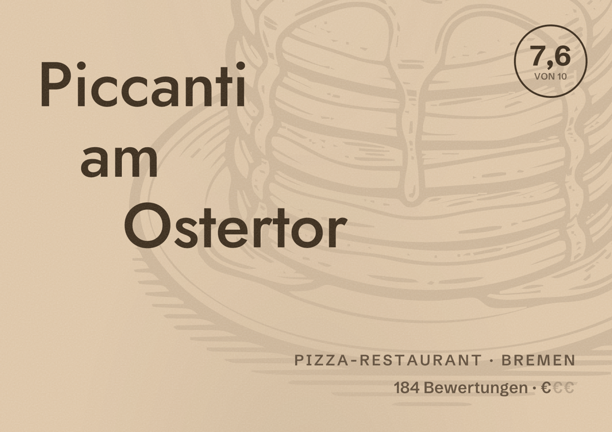 Illustriertes Poster von Piccanti am Ostertor, Pizza-Restaurant in Bremen: Bewertung 7,6 von 10 aus 184 Bewertungen, Preisniveau €