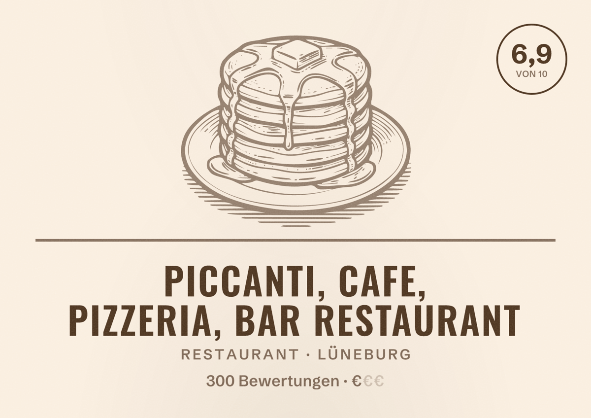 Illustriertes Poster von Piccanti, Cafe, Pizzeria, Bar Restaurant, Restaurant in Lüneburg: Bewertung 6,9 von 10 aus 300 Bewertungen, Preisniveau €