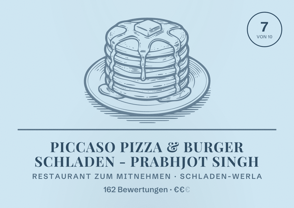 Illustriertes Poster von Piccaso Pizza & Burger Schladen - Prabhjot Singh, Restaurant zum Mitnehmen in Schladen-Werla: Bewertung 7 von 10 aus 162 Bewertungen, Preisniveau €€