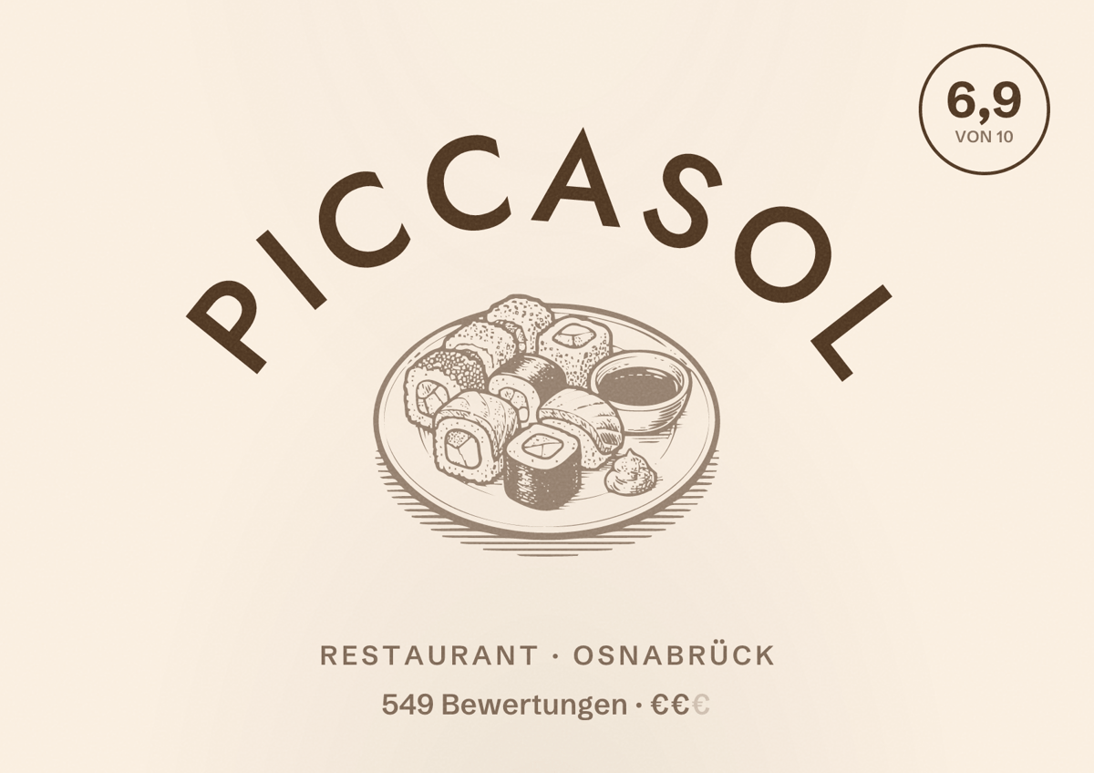 Illustriertes Poster von PICCASOL, Restaurant in Osnabrück: Bewertung 6,9 von 10 aus 549 Bewertungen, Preisniveau €€