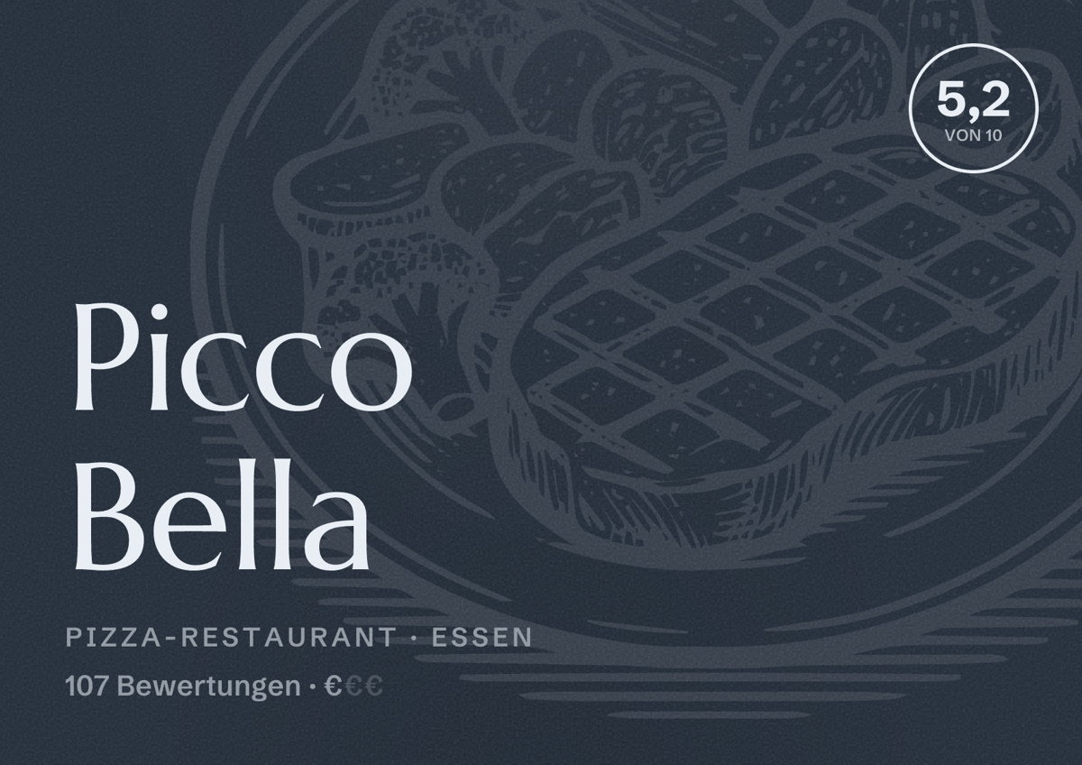 Illustriertes Poster von Picco Bella, Pizza-Restaurant in Essen: Bewertung 5,2 von 10 aus 107 Bewertungen, Preisniveau €