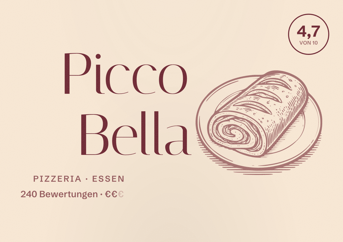 Illustriertes Poster von Picco Bella, Pizzeria in Essen: Bewertung 4,7 von 10 aus 240 Bewertungen, Preisniveau €€