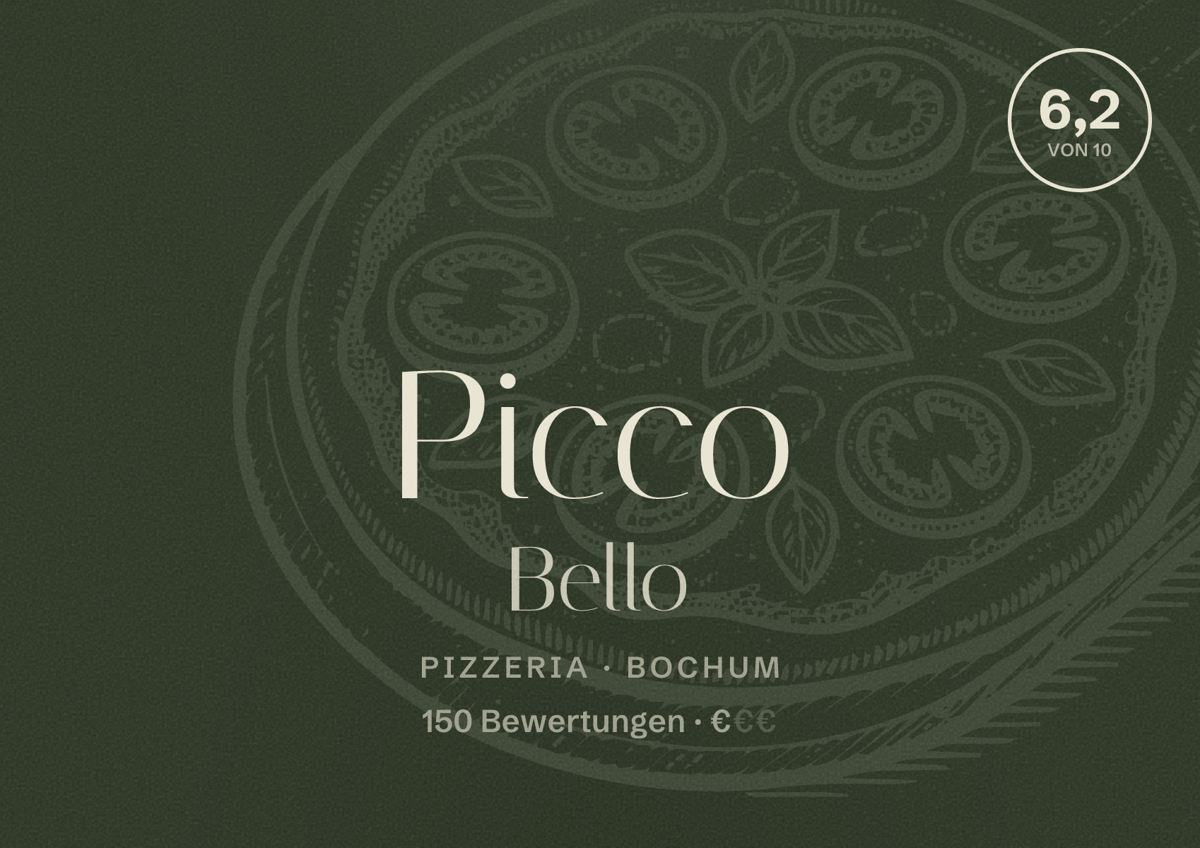 Illustriertes Poster von Picco Bello, Pizzeria in Bochum: Bewertung 6,3 von 10 aus 150 Bewertungen, Preisniveau €