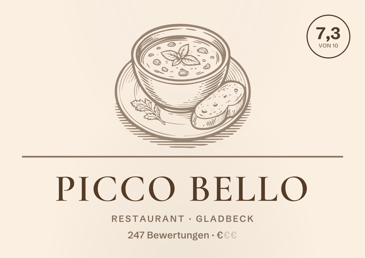 Illustriertes Poster von Picco Bello, Restaurant in Gladbeck: Bewertung 7,3 von 10 aus 247 Bewertungen, Preisniveau €
