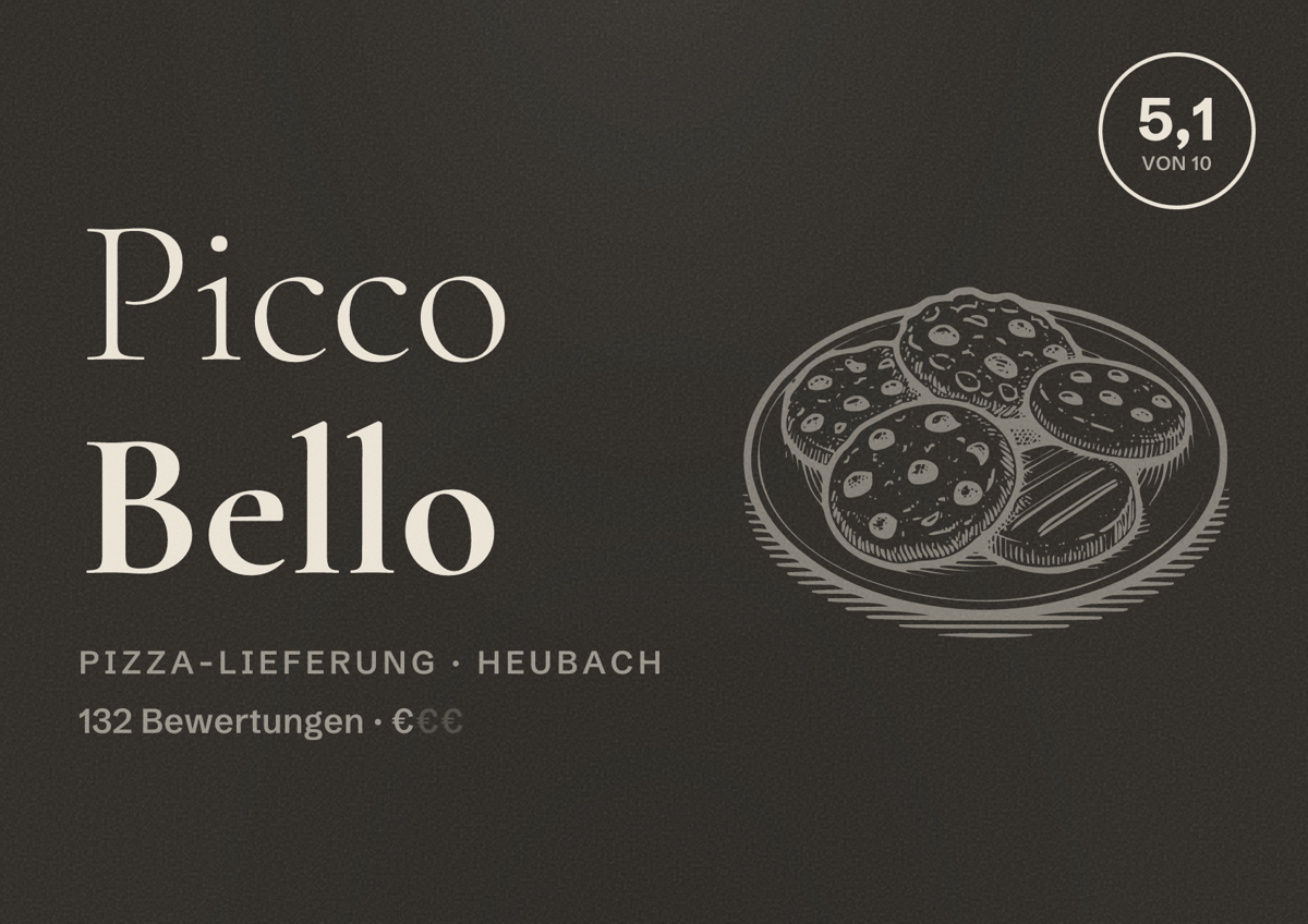 Illustriertes Poster von Picco Bello, Pizza-Lieferung in Heubach: Bewertung 5,1 von 10 aus 132 Bewertungen, Preisniveau €