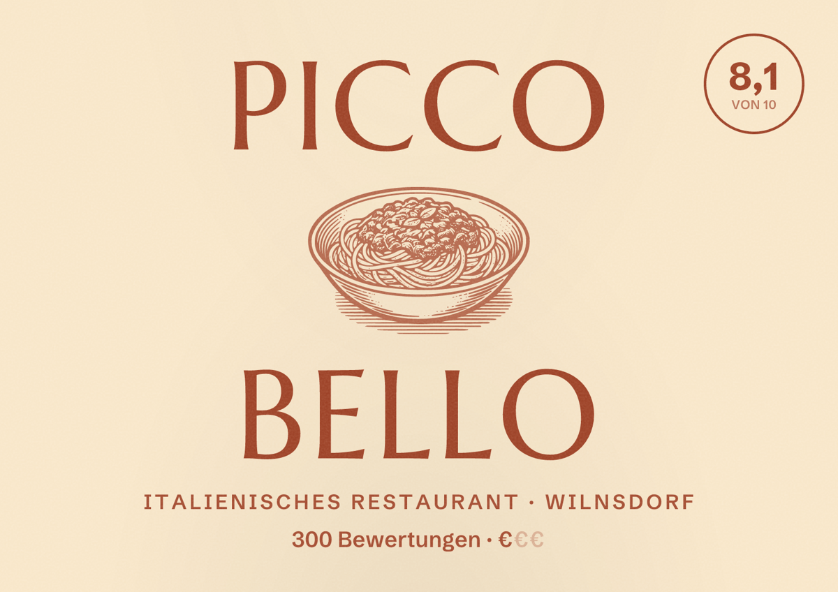 Illustriertes Poster von Picco Bello, Italienisches Restaurant in Wilnsdorf: Bewertung 8,1 von 10 aus 300 Bewertungen, Preisniveau €