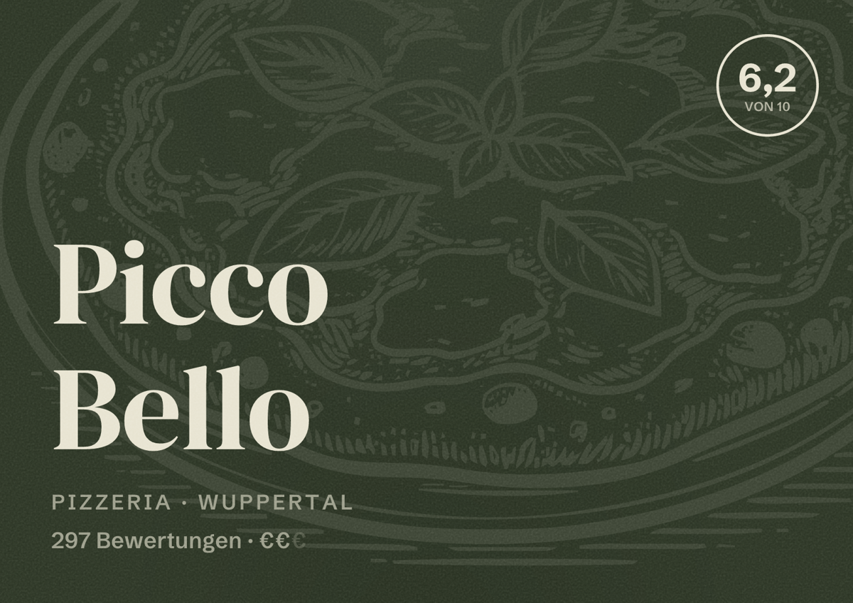 Illustriertes Poster von Picco Bello, Pizzeria in Wuppertal: Bewertung 6,2 von 10 aus 297 Bewertungen, Preisniveau €€