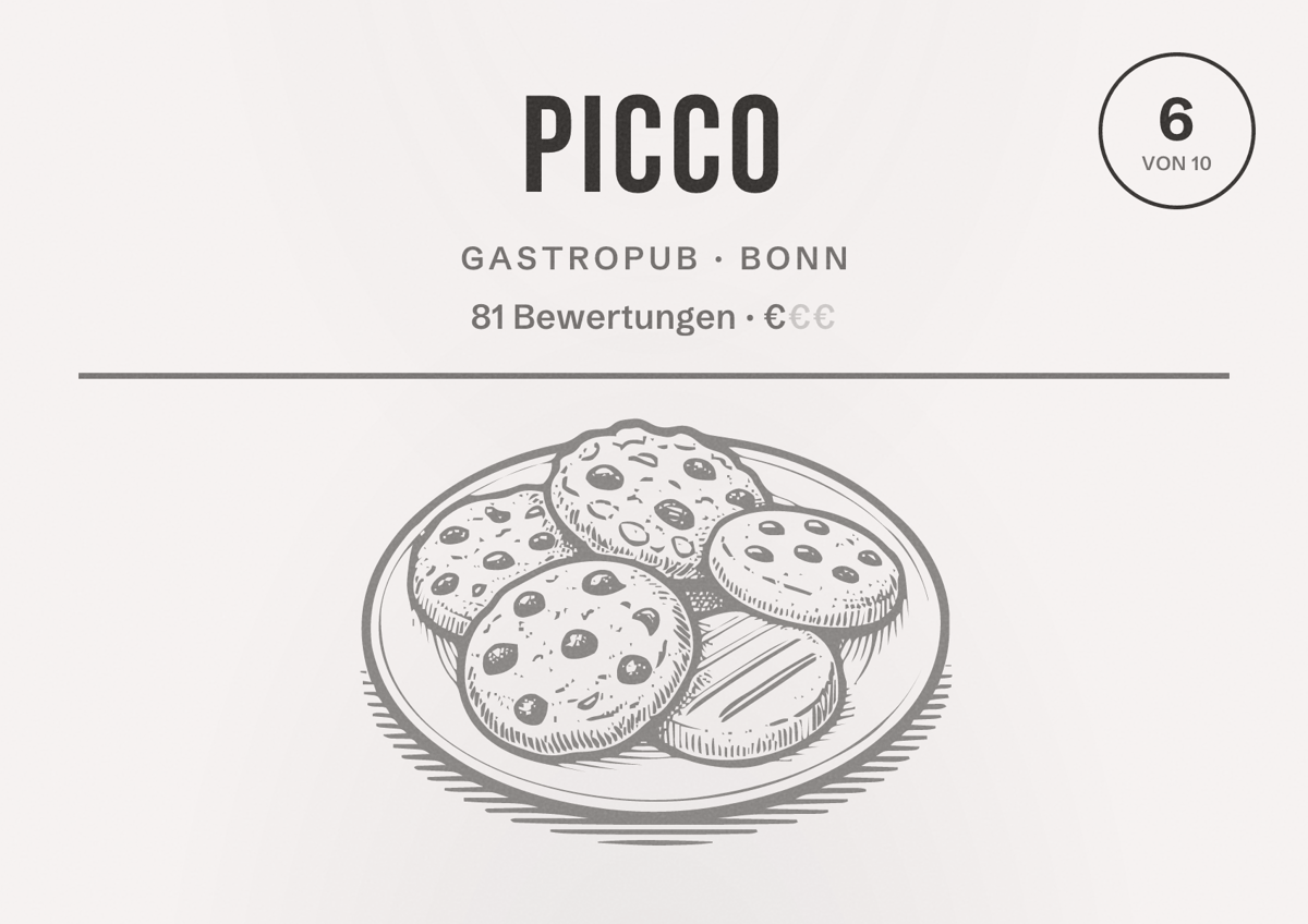 Illustriertes Poster von Picco, Gastropub in Bonn: Bewertung 6 von 10 aus 81 Bewertungen, Preisniveau €