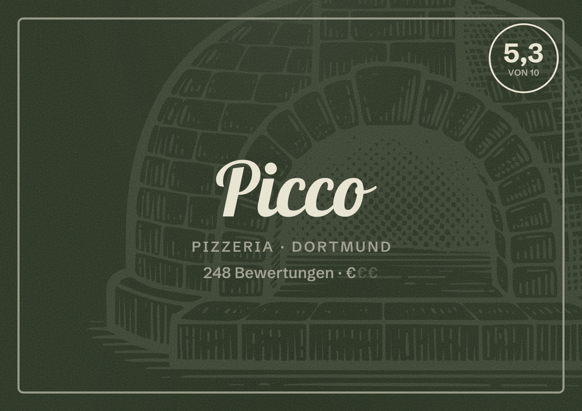 Illustriertes Poster von Picco, Pizzeria in Dortmund: Bewertung 5,3 von 10 aus 248 Bewertungen, Preisniveau €
