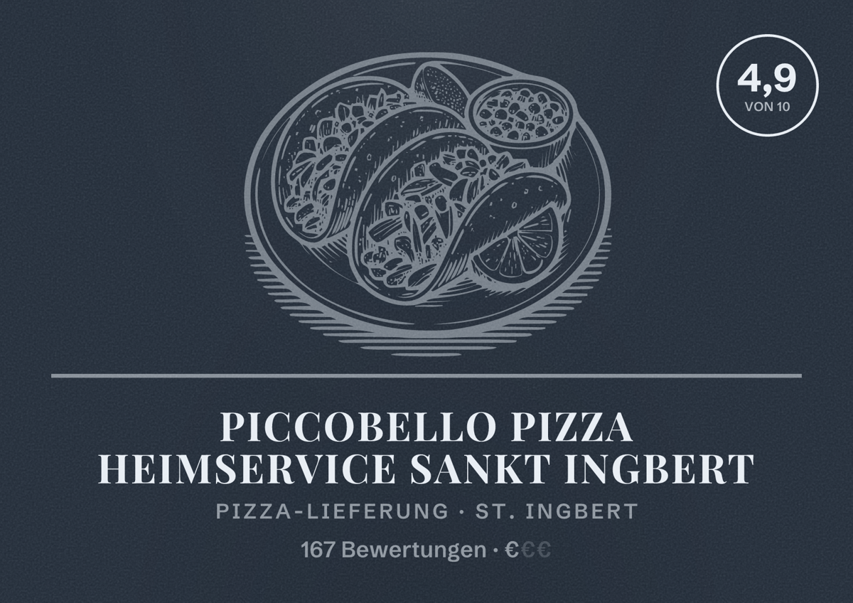 Illustriertes Poster von Piccobello Pizza Heimservice Sankt Ingbert, Pizza-Lieferung in St. Ingbert: Bewertung 4,9 von 10 aus 167 Bewertungen, Preisniveau €