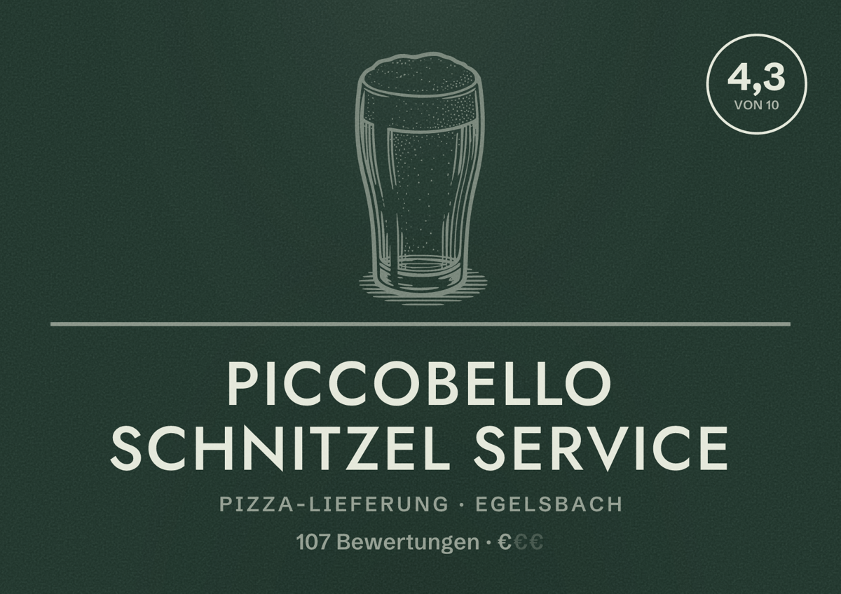 Illustriertes Poster von Piccobello Schnitzel Service, Pizza-Lieferung in Egelsbach: Bewertung 4,3 von 10 aus 107 Bewertungen, Preisniveau €