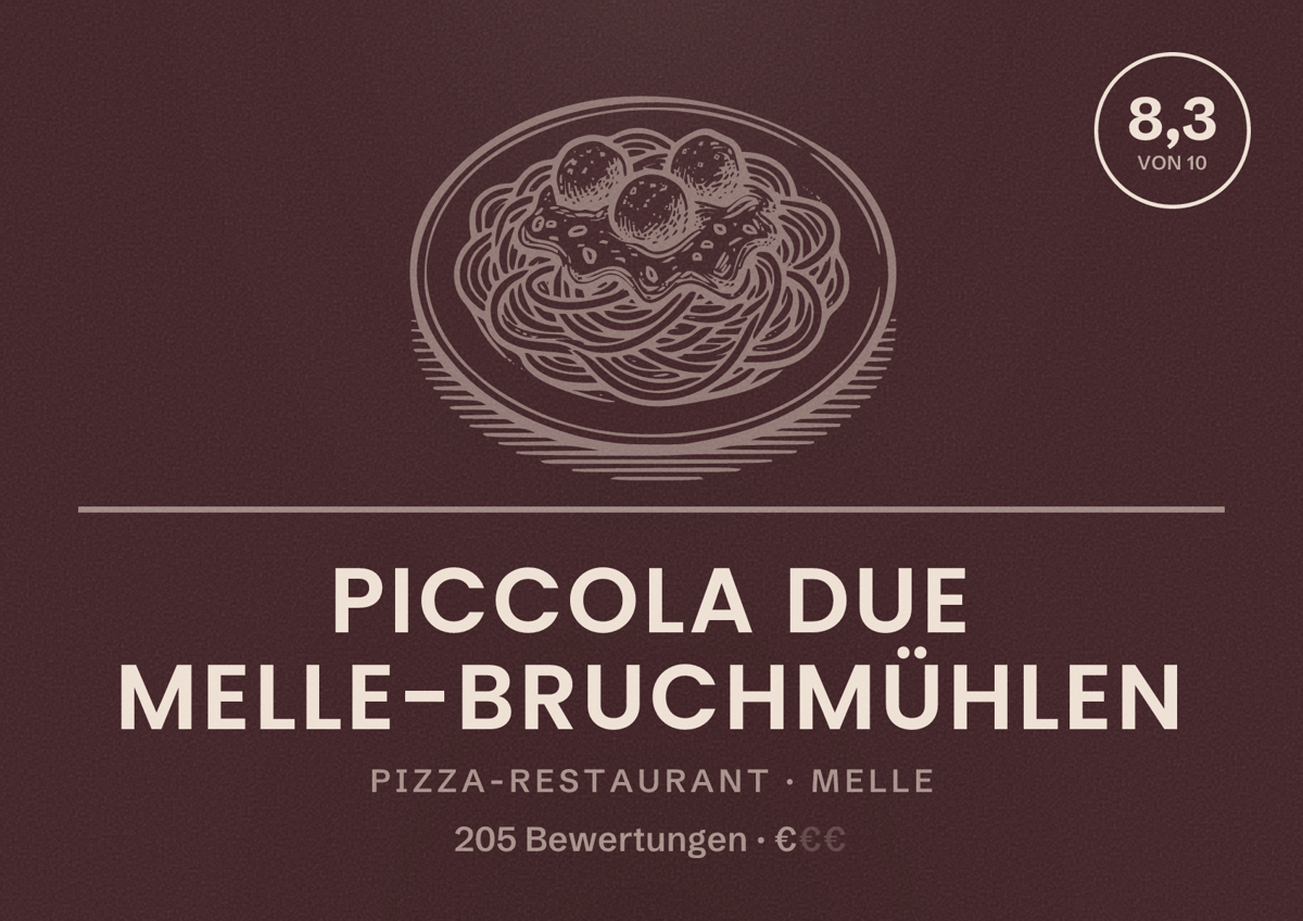Illustriertes Poster von Piccola Due Melle-Bruchmühlen, Pizza-Restaurant in Melle: Bewertung 8,3 von 10 aus 205 Bewertungen, Preisniveau €