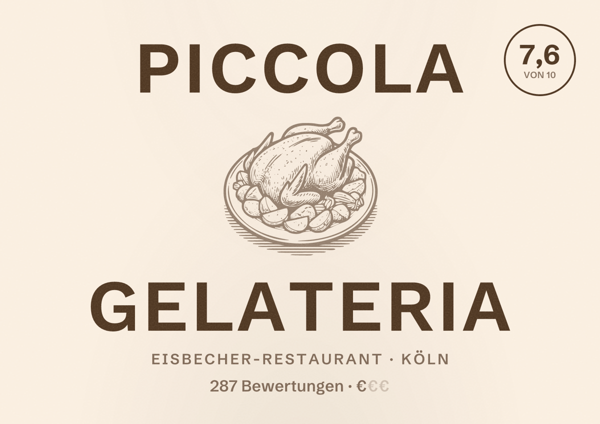 Illustriertes Poster von Piccola Gelateria, Eisbecher-Restaurant in Köln: Bewertung 7,6 von 10 aus 287 Bewertungen, Preisniveau €