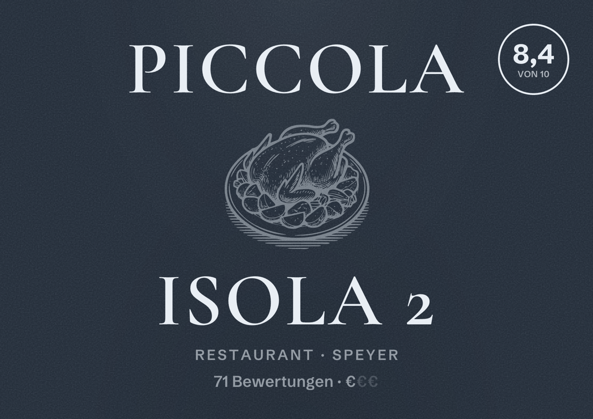 Illustriertes Poster von Piccola Isola 2, Restaurant in Speyer: Bewertung 8,4 von 10 aus 71 Bewertungen, Preisniveau €
