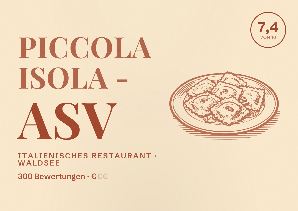 Illustriertes Poster von Piccola Isola - ASV, Italienisches Restaurant in Waldsee: Bewertung 7,4 von 10 aus 300 Bewertungen, Preisniveau €