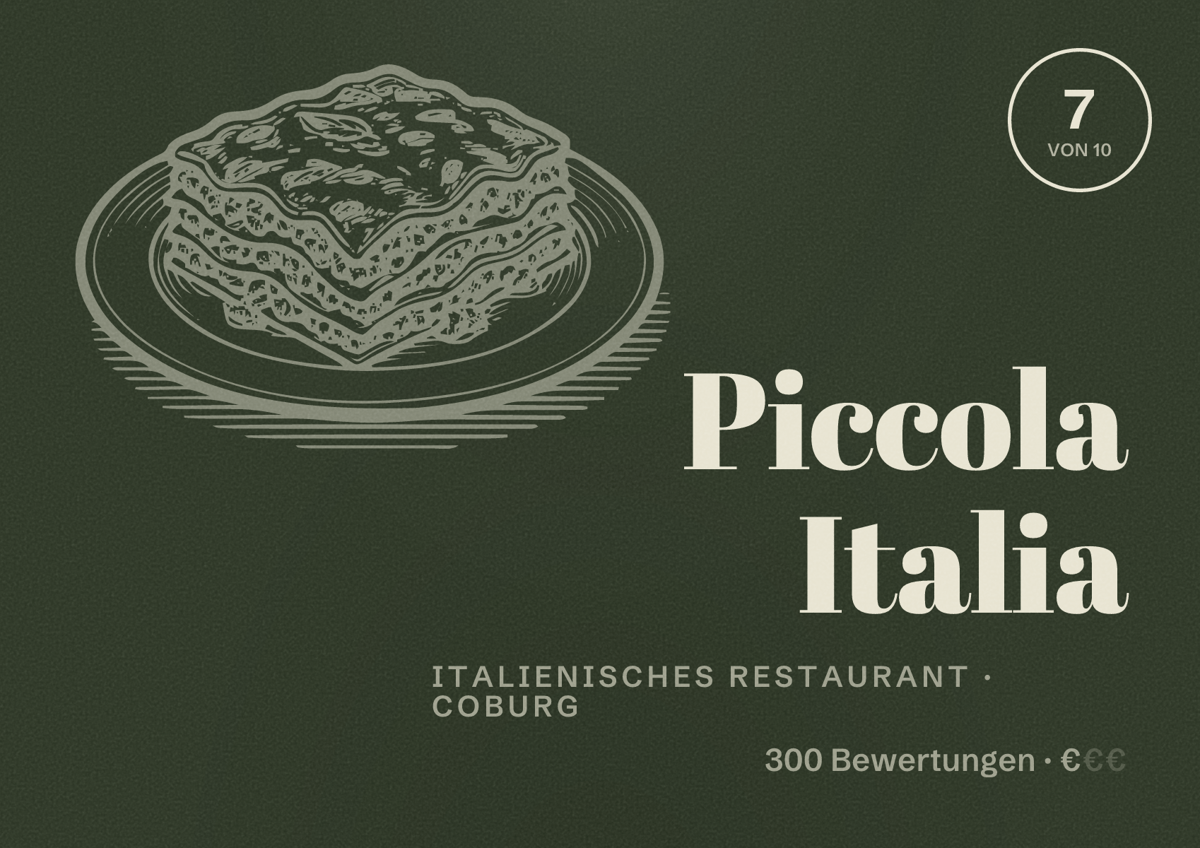 Illustriertes Poster von Piccola Italia, Italienisches Restaurant in Coburg: Bewertung 7 von 10 aus 300 Bewertungen, Preisniveau €