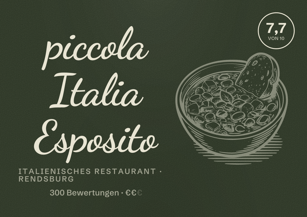 Illustriertes Poster von piccola Italia Esposito, Italienisches Restaurant in Rendsburg: Bewertung 7,7 von 10 aus 300 Bewertungen, Preisniveau €€