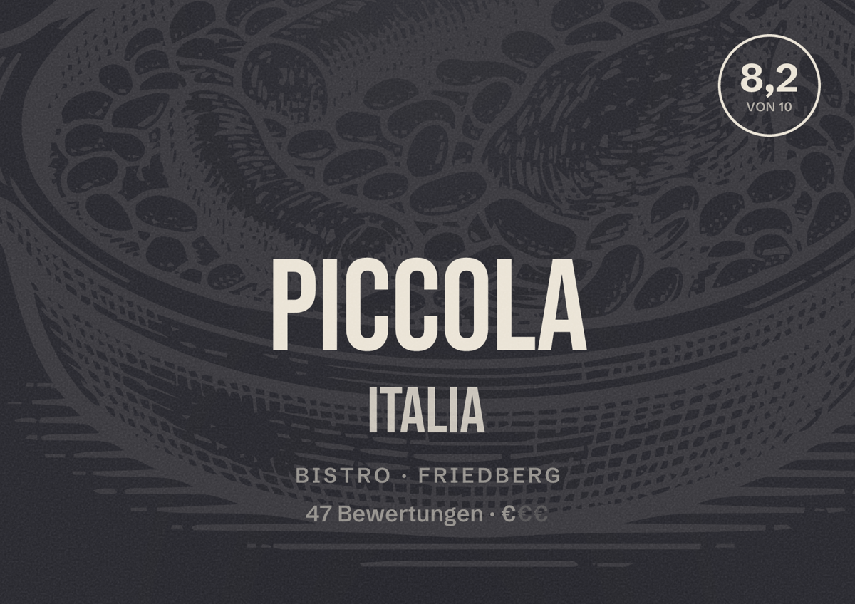 Illustriertes Poster von Piccola Italia, Bistro in Friedberg: Bewertung 8,2 von 10 aus 47 Bewertungen, Preisniveau €