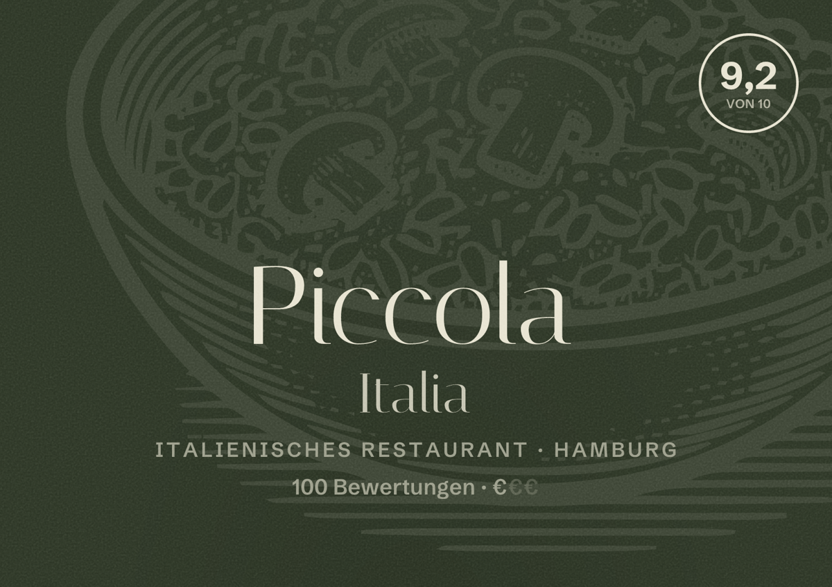 Illustriertes Poster von Piccola Italia, Italienisches Restaurant in Hamburg: Bewertung 9,2 von 10 aus 100 Bewertungen, Preisniveau €