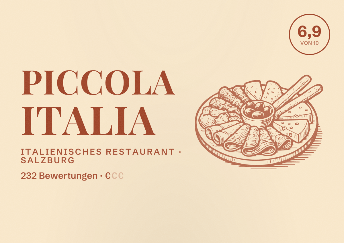Illustriertes Poster von Piccola Italia, Italienisches Restaurant in Salzburg: Bewertung 6,9 von 10 aus 232 Bewertungen, Preisniveau €