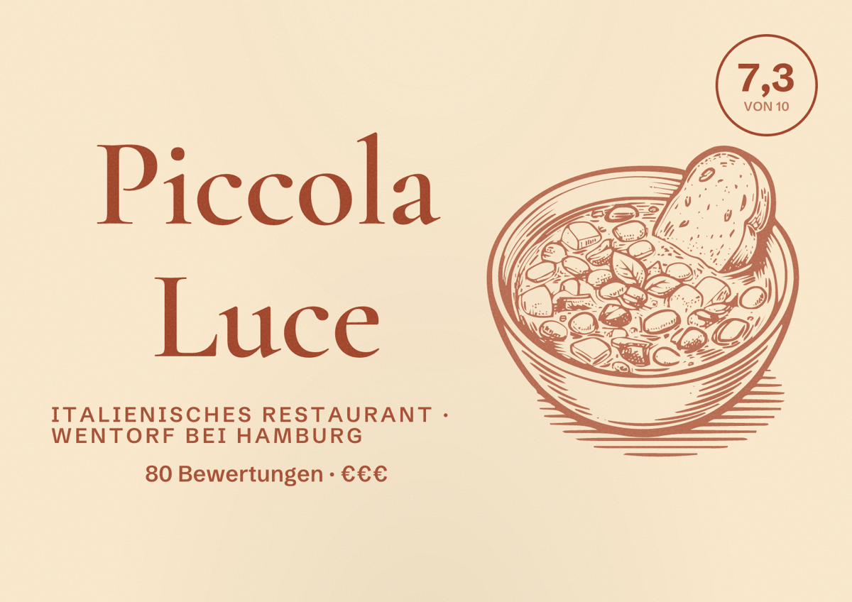 Illustriertes Poster von Piccola Luce, Italienisches Restaurant in Wentorf bei Hamburg: Bewertung 7,3 von 10 aus 80 Bewertungen, Preisniveau €€€