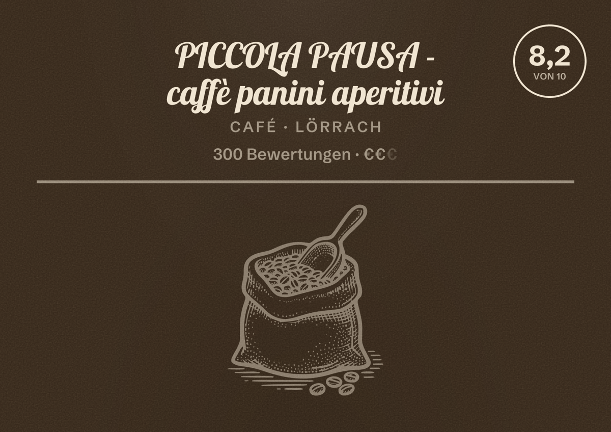 Illustriertes Poster von PICCOLA PAUSA - caffè panini aperitivi, Café in Lörrach: Bewertung 8,2 von 10 aus 300 Bewertungen, Preisniveau €€