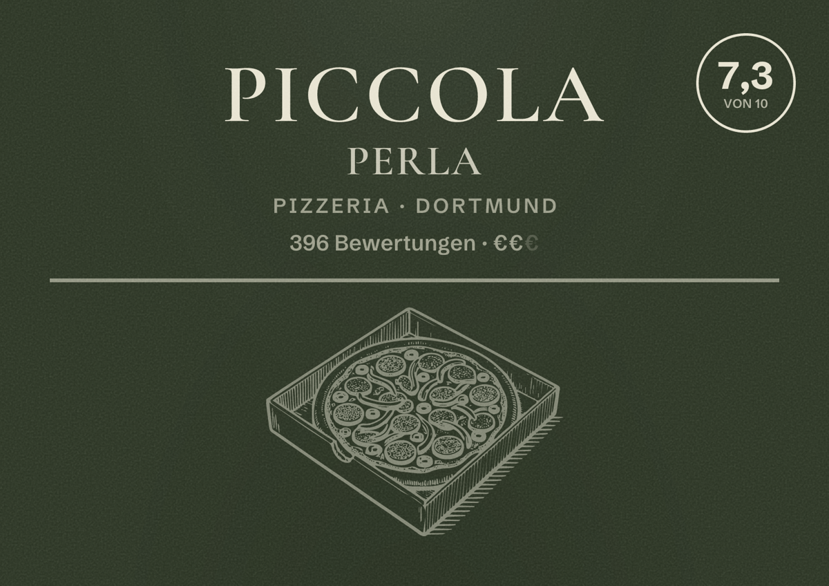 Illustriertes Poster von Piccola Perla, Pizzeria in Dortmund: Gästebewertung 7,3 von 10 aus 396 Bewertungen