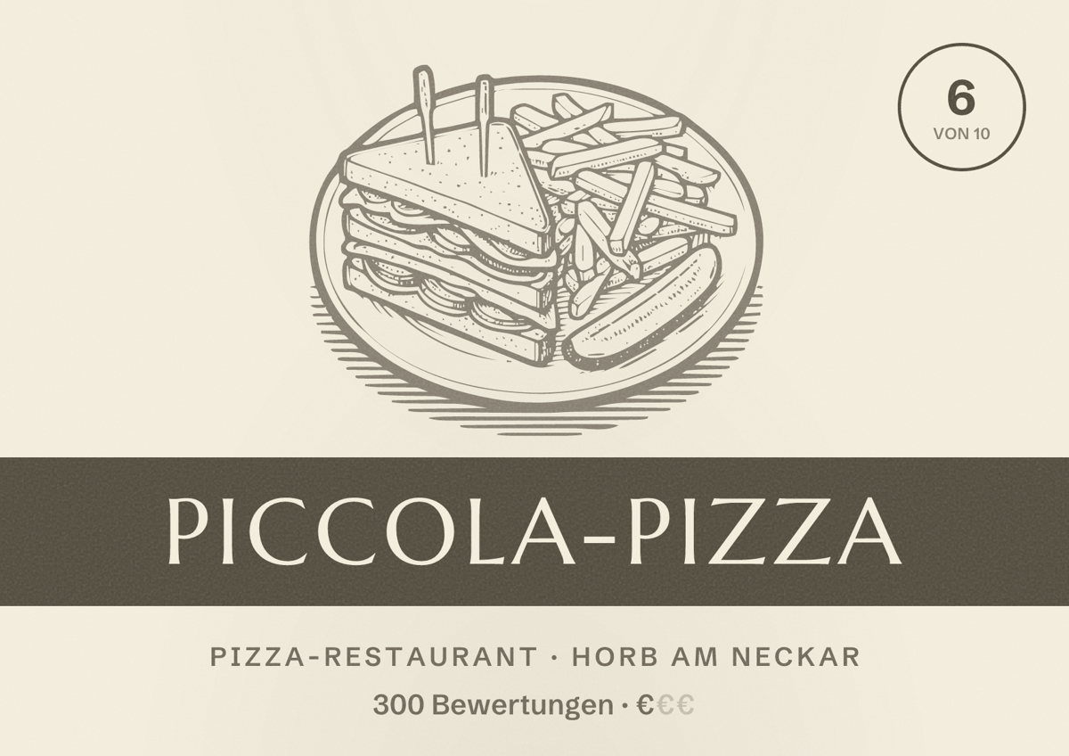 Illustriertes Poster von Piccola-Pizza, Pizza-Restaurant in Horb am Neckar: Bewertung 6 von 10 aus 300 Bewertungen, Preisniveau €
