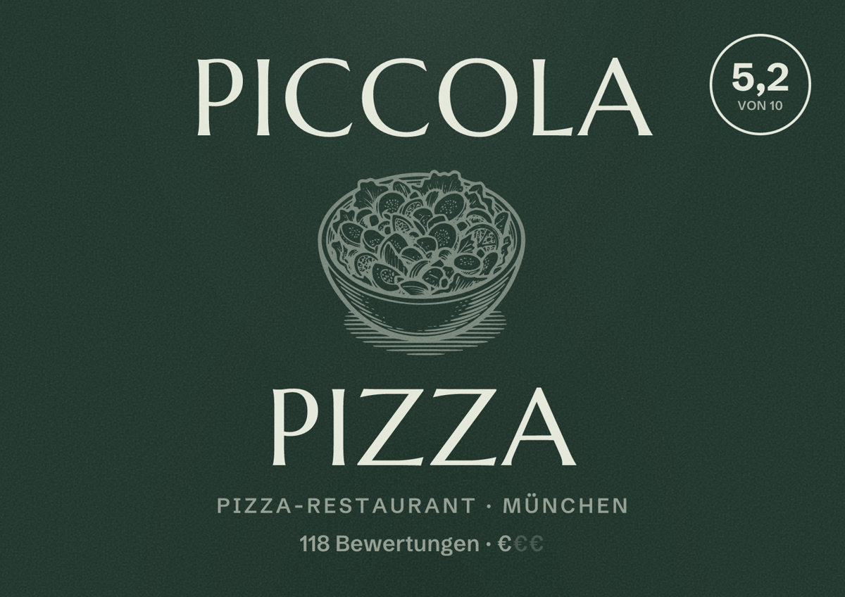 Illustriertes Poster von Piccola Pizza, Pizza-Restaurant in München: Bewertung 5,2 von 10 aus 118 Bewertungen, Preisniveau €