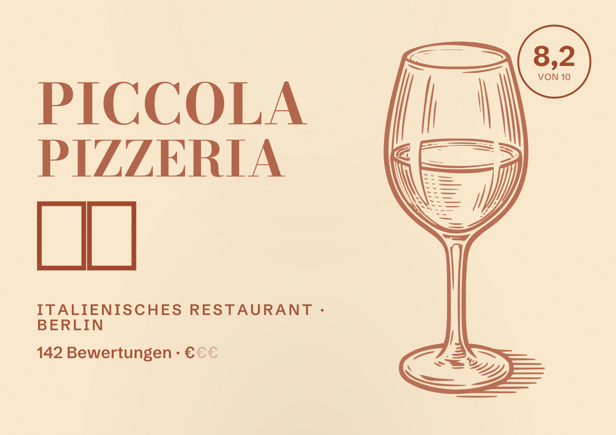 Illustriertes Poster von Piccola Pizzeria 🇮🇹, Italienisches Restaurant in Berlin: Bewertung 8,2 von 10 aus 142 Bewertungen, Preisniveau €
