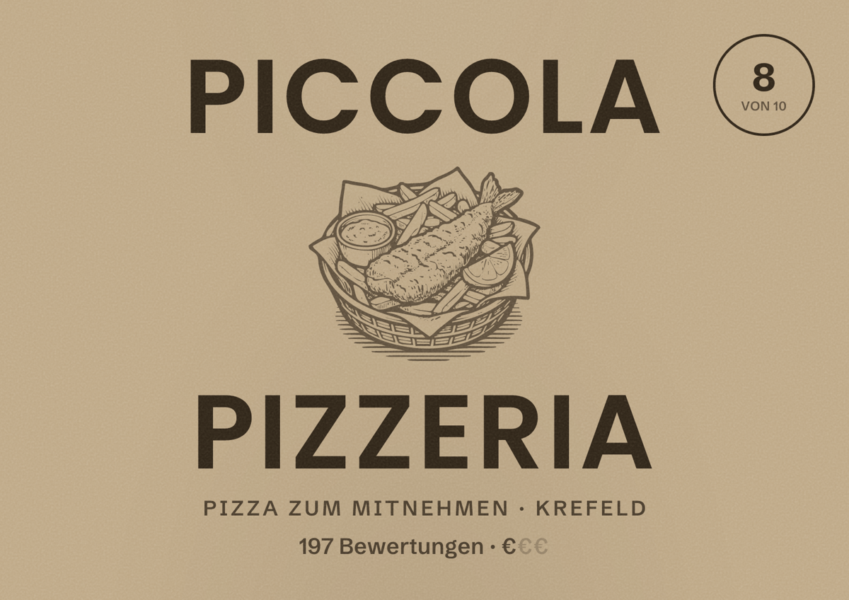Illustriertes Poster von Piccola Pizzeria, Pizza zum Mitnehmen in Krefeld: Bewertung 8 von 10 aus 197 Bewertungen, Preisniveau €