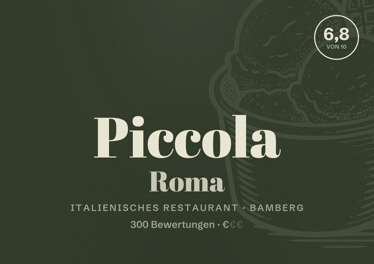 Illustriertes Poster von Piccola Roma, Italienisches Restaurant in Bamberg: Bewertung 6,8 von 10 aus 300 Bewertungen, Preisniveau €