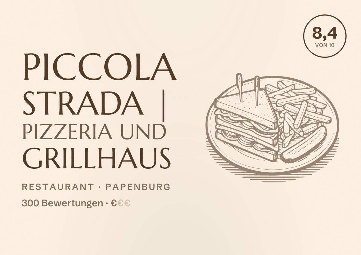 Illustriertes Poster von Piccola Strada | Pizzeria und Grillhaus, Restaurant in Papenburg: Bewertung 8,4 von 10 aus 300 Bewertungen, Preisniveau €