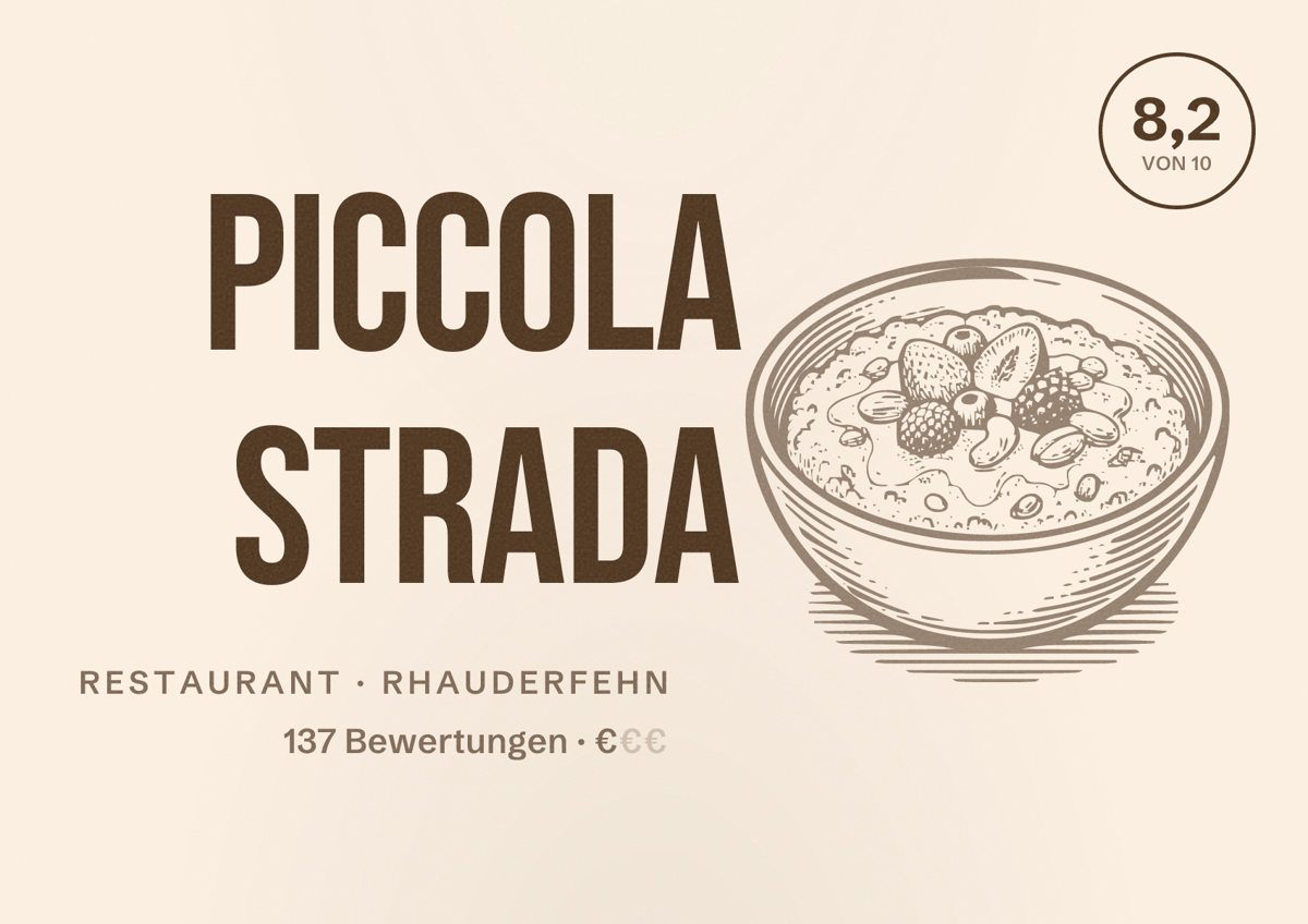 Illustriertes Poster von Piccola Strada, Restaurant in Rhauderfehn: Bewertung 8,2 von 10 aus 137 Bewertungen, Preisniveau €