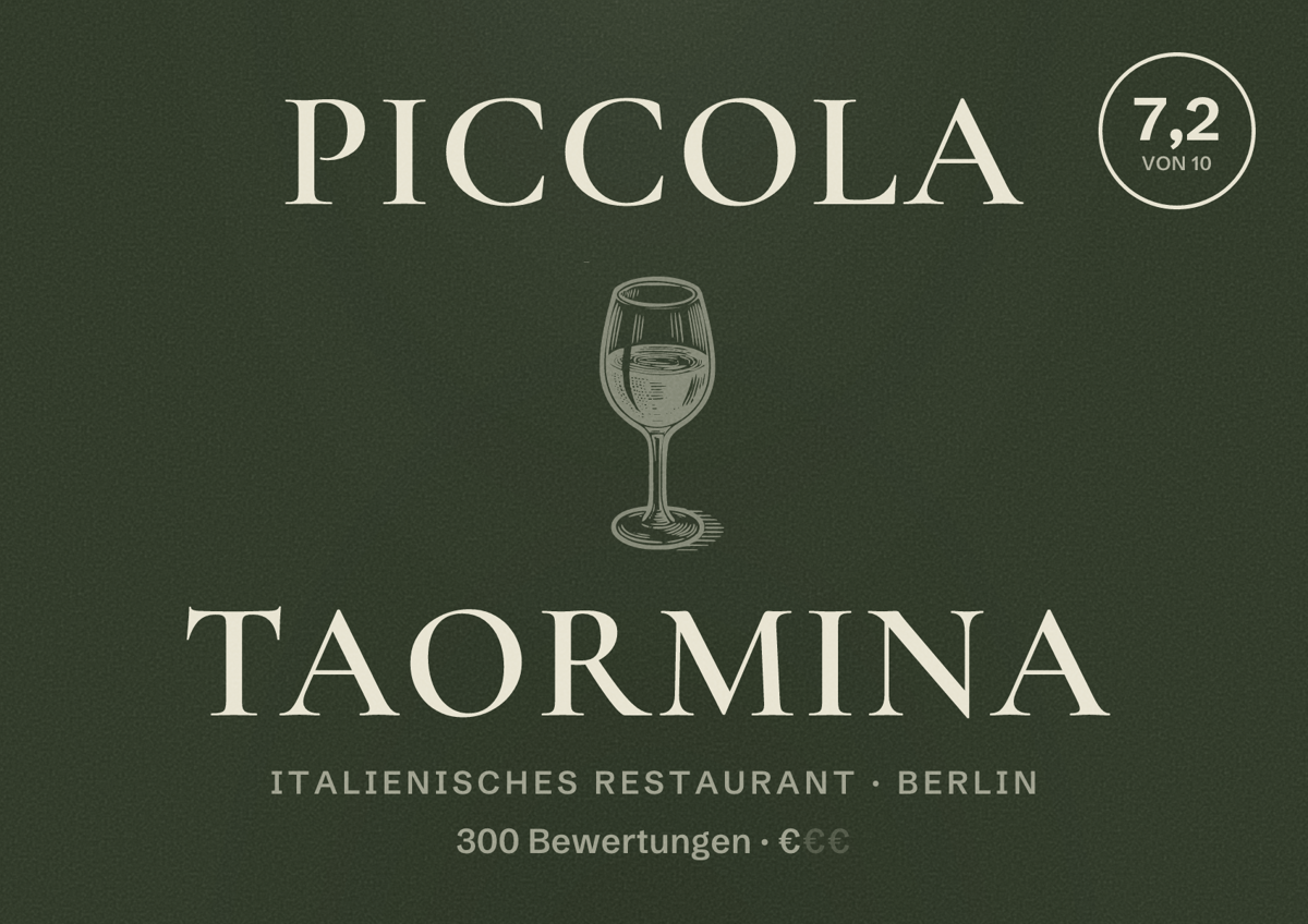 Illustriertes Poster von Piccola Taormina, Italienisches Restaurant in Berlin: Bewertung 7,2 von 10 aus 300 Bewertungen, Preisniveau €