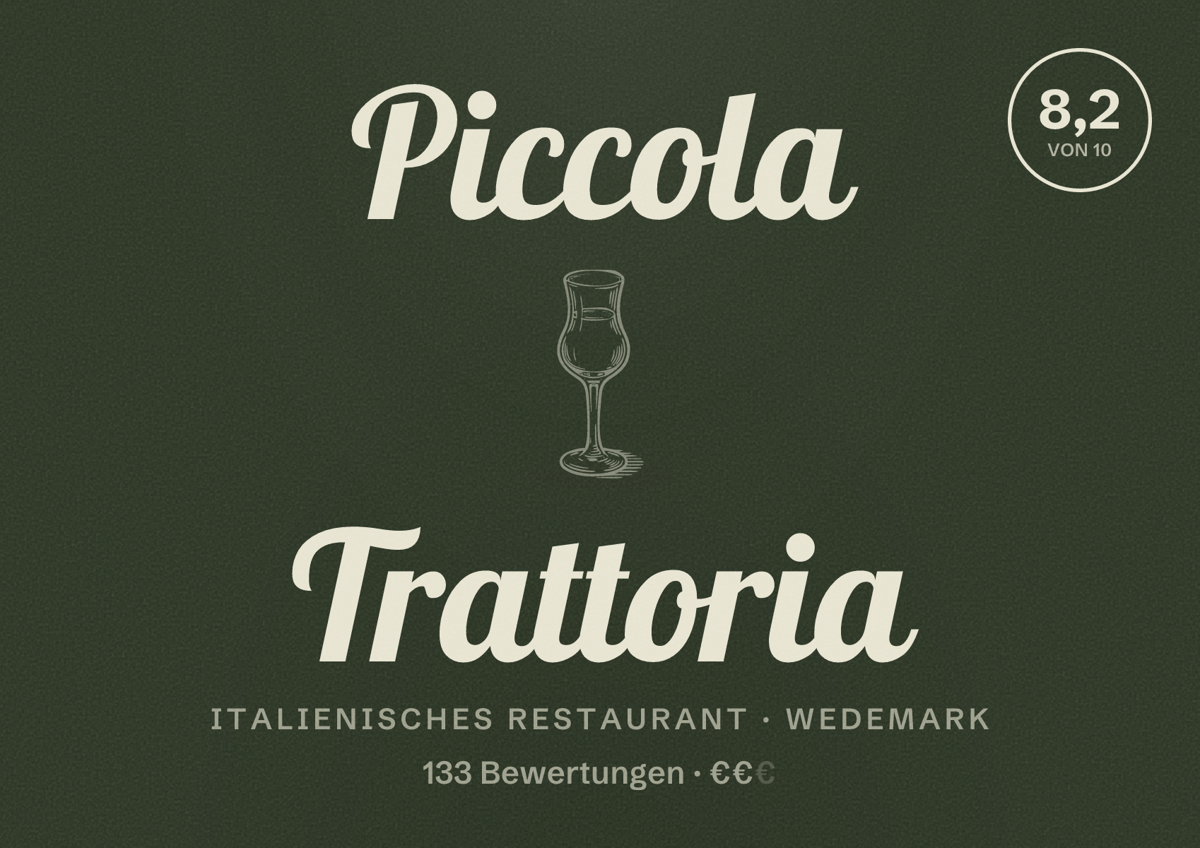Illustriertes Poster von Piccola Trattoria, Italienisches Restaurant in Wedemark: Bewertung 8,2 von 10 aus 133 Bewertungen, Preisniveau €€