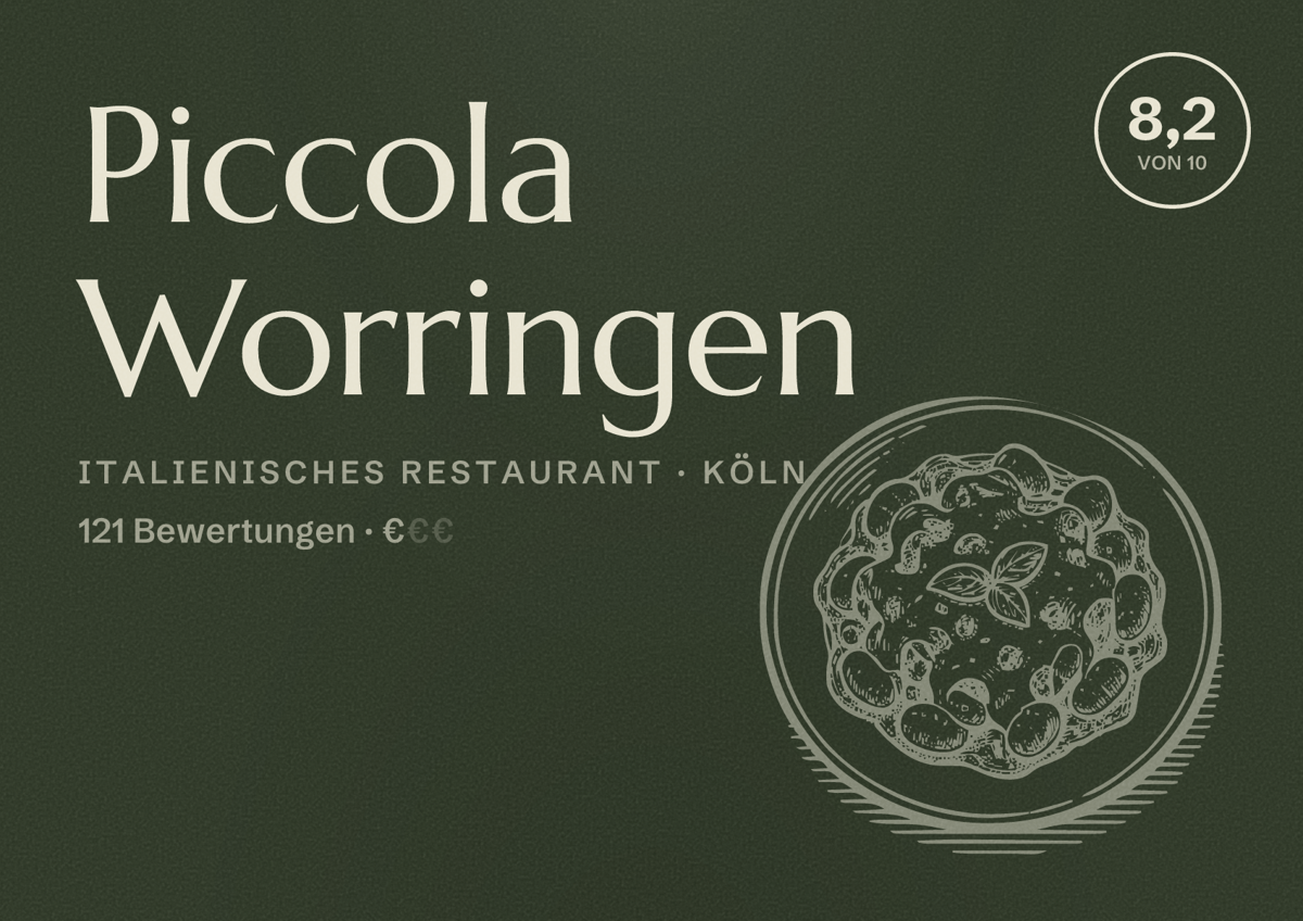Illustriertes Poster von Piccola Worringen, Italienisches Restaurant in Köln: Bewertung 8,2 von 10 aus 121 Bewertungen, Preisniveau €